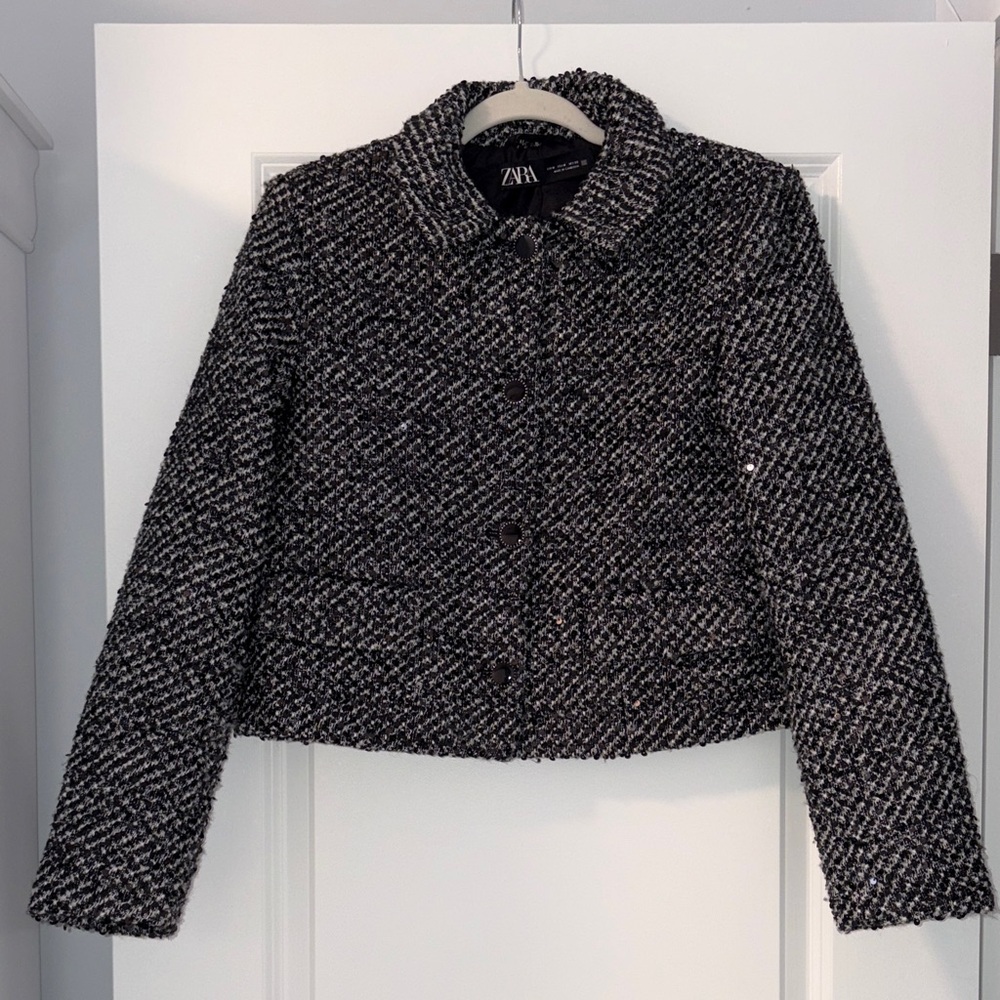 Zara Women's Black and White Tweed Rhinestone Blazer